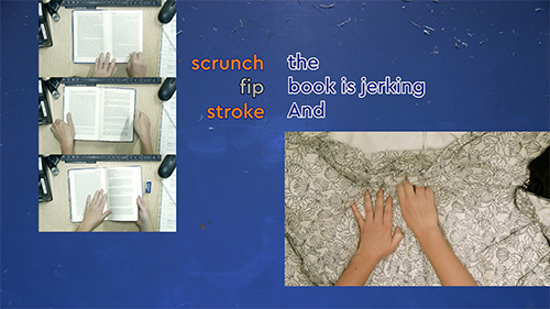 Hands rubbing out pencil in a library book, and the same hands now rubbing over IKEA bedsheets